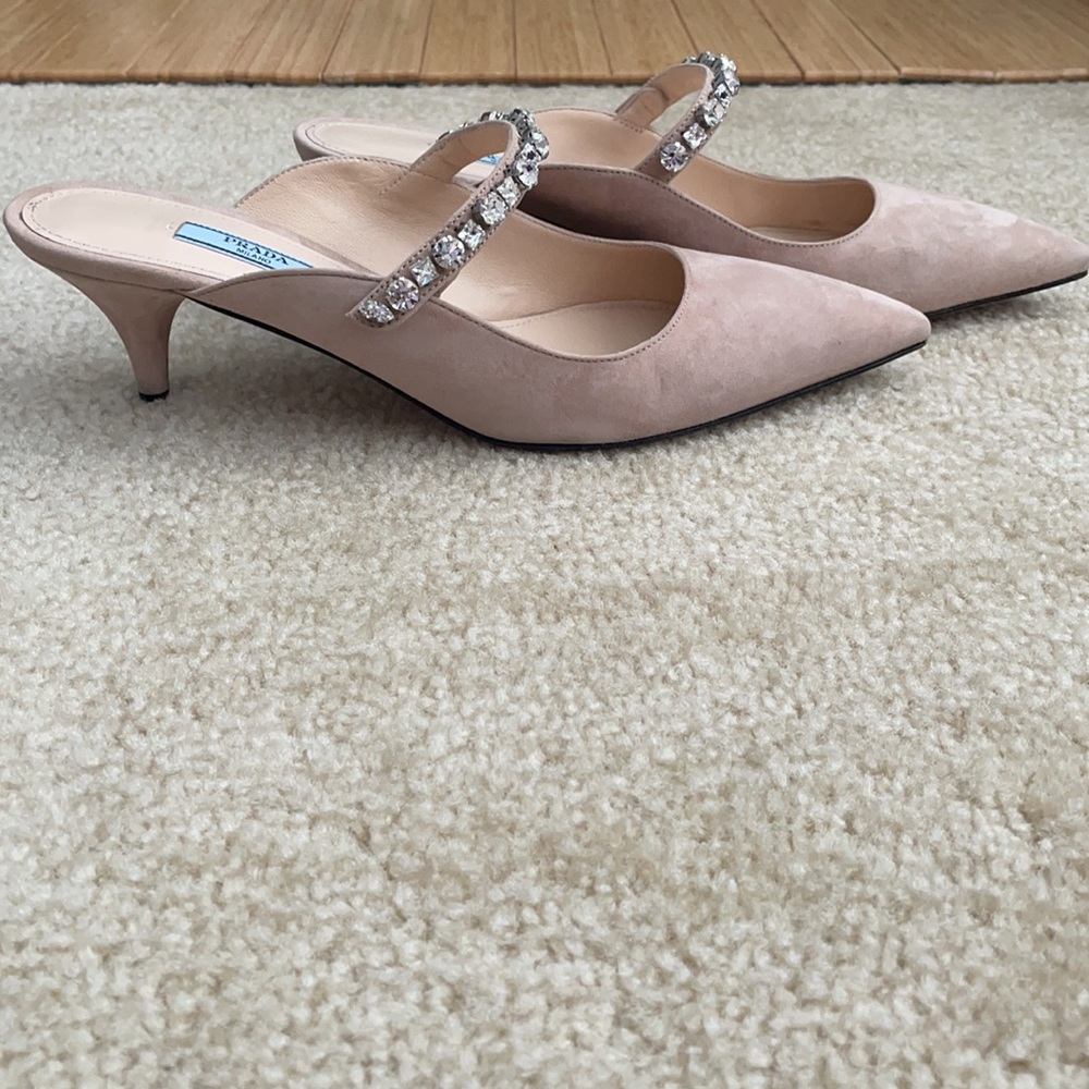Prada pink suede jeweled kitten heel mules